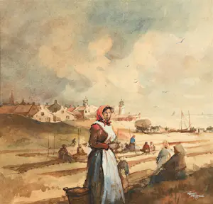 Reint de Jonge - Aquarel - Vissersdorp in de Branding kopen? Bied vanaf 125!