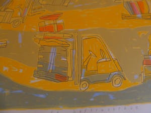 Heleen de Jong - Zeefdruk. Titel, "Race van de heftrucks". kopen? Bied vanaf 20!