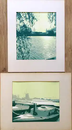 Niet of onleesbaar gesigneerd - 2 zeefdrukken op linnen in pp | Kunstbezit Nederland verkocht voor € 1!