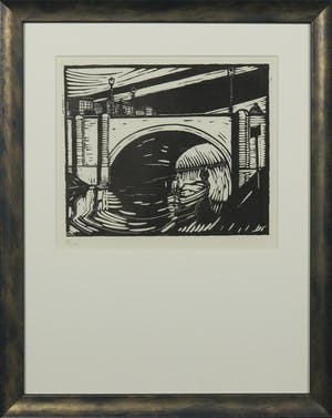 Dick Ket - Linoleumsnede, De brug - Ingelijst kopen? Bied vanaf 20!