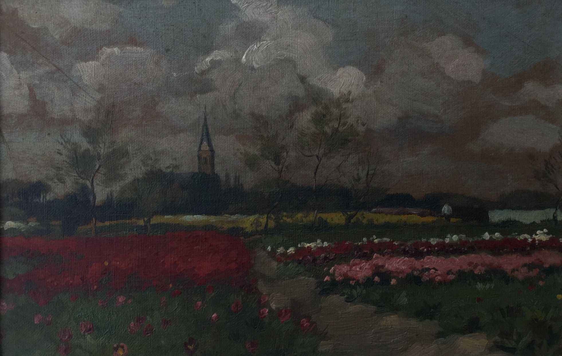 Niet of onleesbaar gesigneerd - c2559-2 - Hollands bollenveld met kerkje verkocht voor € 1!