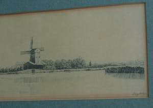Dirk Harting - Ets , Houtzaagmolen “De Eenhoorn”, Haarlem – gesigneerd & ingelijst – ca 1935 kopen? Bied vanaf 25!