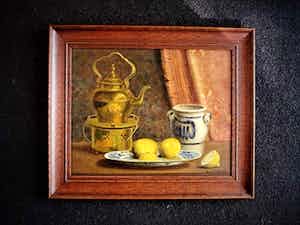 Gerrit van Lente - Zwolle (1955-) Sterk realistisch stilleven "Citroenen op porseleinen bord" verkocht voor € 10!