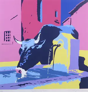 Marco Kooiman - Zeefdruk, Cow drinking at fountain - Ingelijst kopen? Bied vanaf 35!