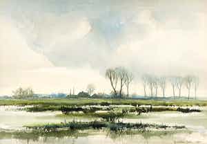 Sjoerdtje Mulder-Hak - Aquarel, Uiterwaarden IJssel verkocht voor € 35!