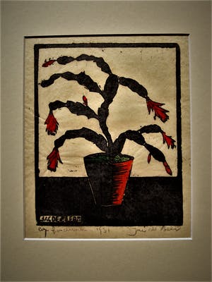 Jac. de Beer - verstilde Houtsnede - eigen druk - "Plant met rode bloemen" 1931 - gesigneerd kopen? Bied vanaf 10!