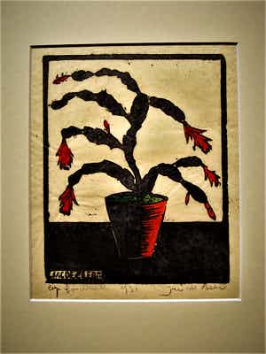 Jac. de Beer - verstilde Houtsnede - eigen druk - "Plant met rode bloemen" 1931 - gesigneerd verkocht voor € 10!