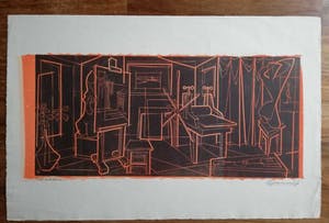 Gerard Gaudaen - "HET ATELIER" / KLEURLINOSNEDE / 31x48cm / SIG kopen? Bied vanaf 28!