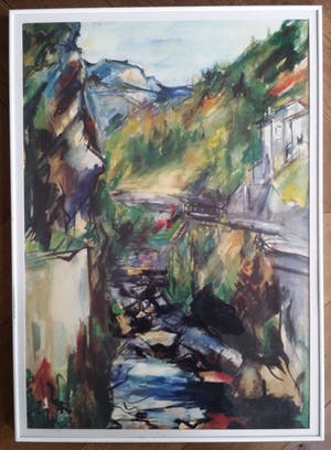 Bob ten Hoope - Kleurrijk bergland met vallei en huizen. kopen? Bied vanaf 150!