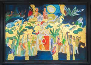 Jan Peter van Opheusden - Gemengde techniek met bladgoud op doek, van monumentaal formaat! verkocht voor € 1000!