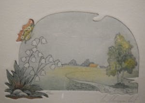 Niet of onleesbaar gesigneerd - Leuk werk van een landschap met vlinder kopen? Bied vanaf 10!