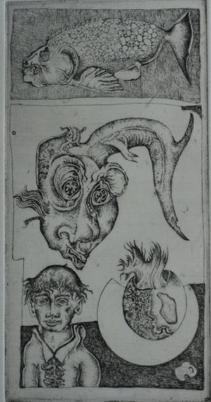 Ab Steenvoorden - Ets , Monument der Vissen – Surrealistische voorstelling, 1971 - 16½ x 41 cm kopen? Bied vanaf 1!