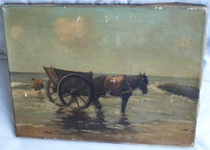 Joop Mertens - Olieverf op doek , Visser met paard en wagen – gesigneerd kopen? Bied vanaf 1!