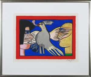 Corneille - Zeefdruk, Dialogue avec l'oiseau - Ingelijst verkocht voor € 150!