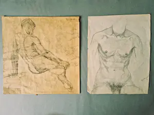 Frans Boers - studie tekening "mannelijk naakt" en nog een houtskool tekening gesigneerd kopen? Bied vanaf 1!