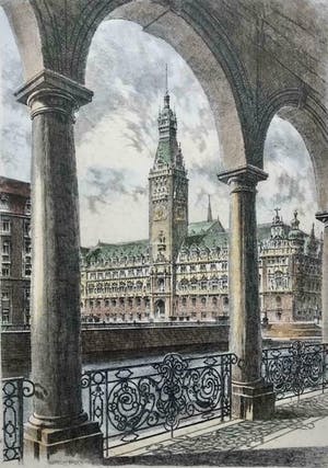 Albrecht Bruck - Hamburg- (oude) stadhuis- ingelijst; in hand- en druk gesigneerd. kopen? Bied vanaf 35!