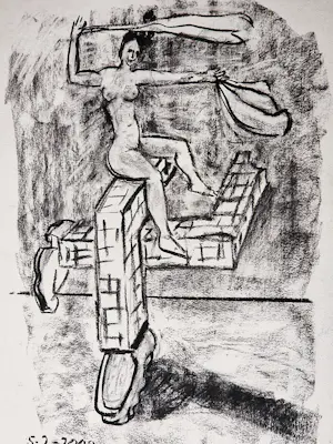 Hannes Postma - Grote in 2009 gemaakte houtskool tekening "la Muze" mooi ingelijst kopen? Bied vanaf 58!