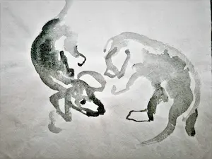 Johanna Bottema - was een virtuoze aquarelliste - spelende pups - ca.1950 - sepia - potloodges. kopen? Bied vanaf 43!