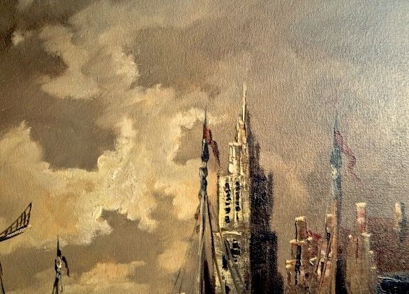 Niet of onleesbaar gesigneerd - Haarlem, Spaarne haven bij maanlicht - Gesigneerd:Vos (wie?) - Prachtige lijst! kopen? Bied vanaf 1!