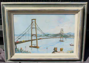 Harm Kamerlingh Onnes - Ingelijste olieverf: Gezicht op de Golden Gate Bridge te San Francisco - 1967 kopen? Bied vanaf 1500!