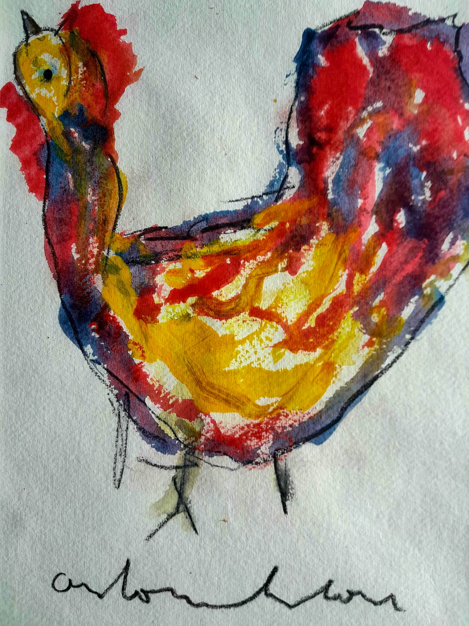 Anton Heyboer - Kleurige kip in aquarel en krijt - 1995 - Ingelijst verkocht voor € 150!