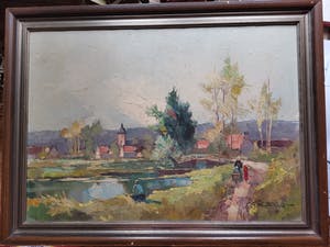 Niet of onleesbaar gesigneerd - Dorpszicht met visser aan rivier kopen? Bied vanaf 1!