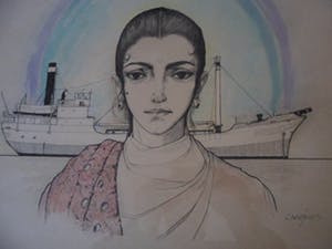 Jan Camphuis - Gemengde techniek op papier, zonder titel ( Meisje en boot ) kopen? Bied vanaf 30!