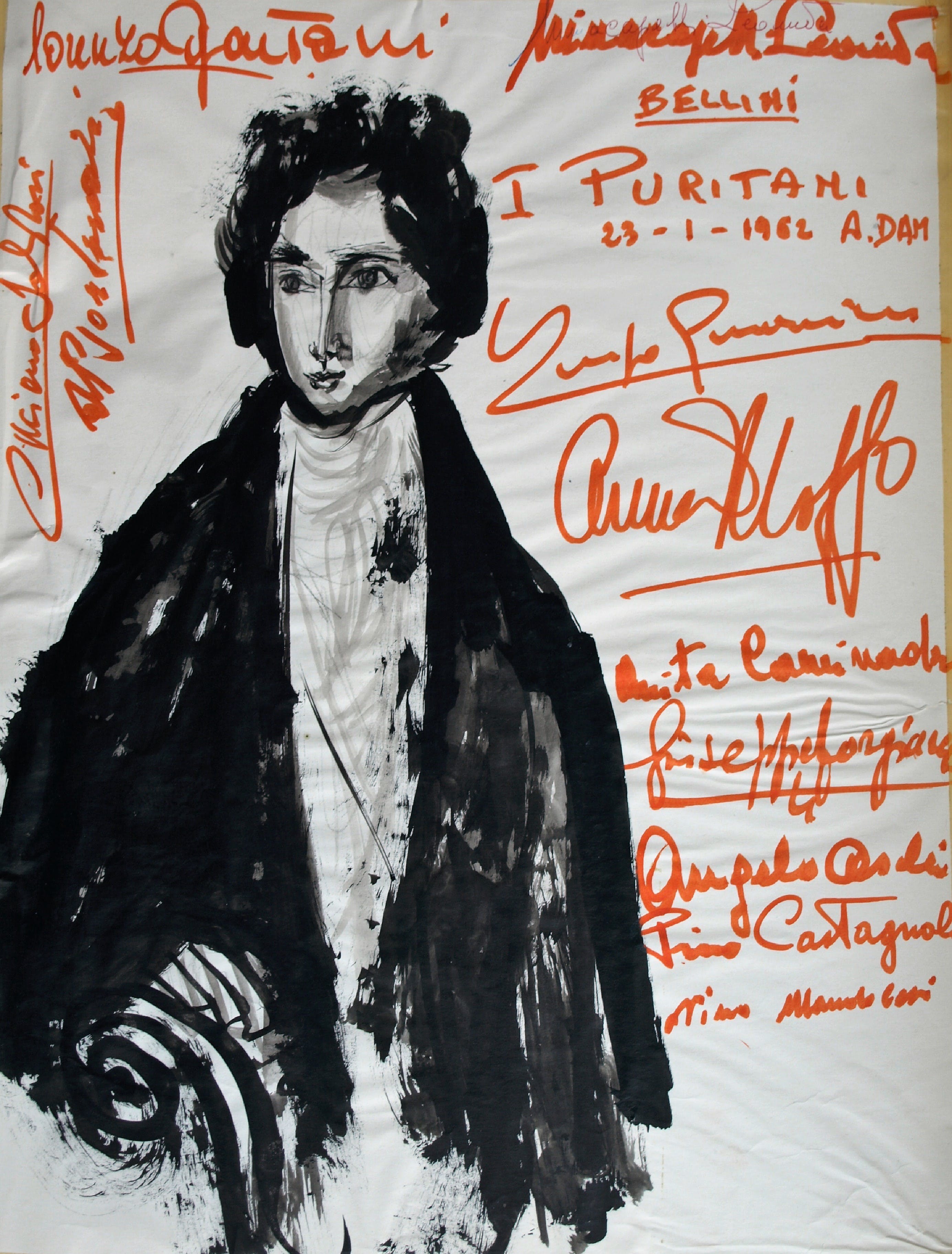 Robert Nix - Tekening + 11 handtekeningen van o.a Opera-diva Anna Moffo – I Puritani, 1962 kopen? Bied vanaf 75!