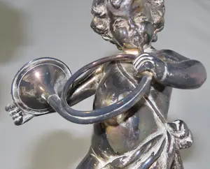 Antieke engel beelden met muziekinstrument (3x), zilver op gips, 1940-1950 kopen? Bied vanaf 495!