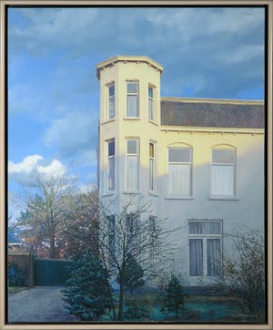 Gerard Huysman - Olieverf op board, Z.T. (avondgloed op huis en tuin) - Ingelijst kopen? Bied vanaf 1!