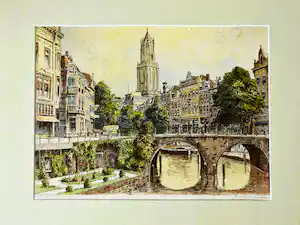 Marius Janssen - Mooie & grote ingekleurde Ets Utrecht bakkersbrug - gesigneerd fraai ingelijst verkauft für € 57!