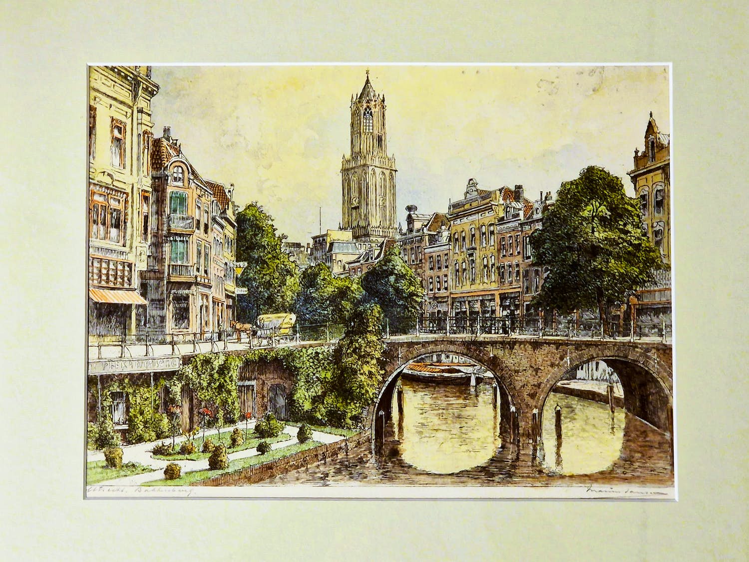 Marius Janssen - Mooie & grote ingekleurde Ets Utrecht bakkersbrug - gesigneerd fraai ingelijst kopen? Bied vanaf 57!