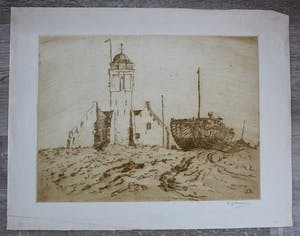 Frederika Broeksmit - Ets/Aquatint: Vuurtoren en vissersboot te Katwijk kopen? Bied vanaf 50!