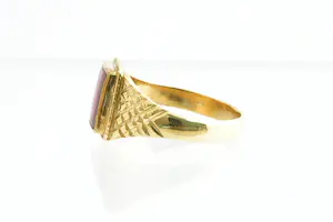 42- Mooi bewerkte 18krt gouden unisex ring met roze rode steen kopen? Bied vanaf 220!