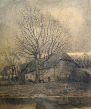 Frans Slager - crayontekening - boerderij onder de wilgen verkocht voor € 225!