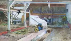 Jan Vrolijk - "stalinterieur met figuren" - aquarel op papier verkauft für € 125!