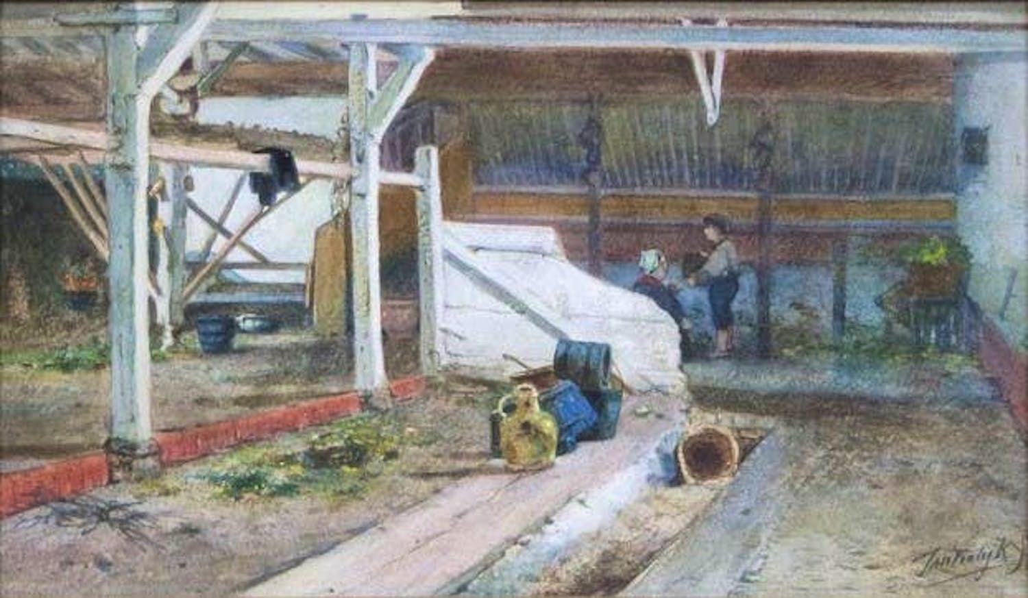 Jan Vrolijk - "stalinterieur met figuren" - aquarel op papier verkocht voor € 125!