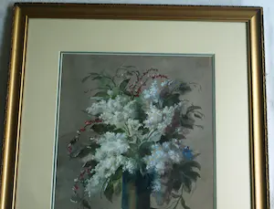 Niet of onleesbaar gesigneerd - Ingelijste aquarel , Bloemen in groene vaas – Herkent u de signatuur? kopen? Bied vanaf 1!