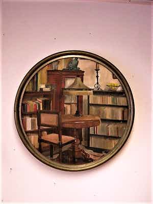 Niet of onleesbaar gesigneerd - Fraai Brits? olieverf 1930 geschilderd interieur / achterkant gesigneerd V.Bell verkocht voor € 1!