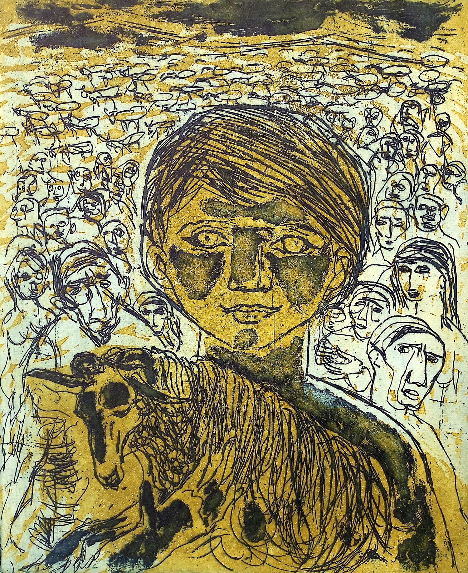 Ria Exel - Persoon met lam, aquatint ets kopen? Bied vanaf 45!