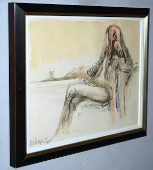 Cees Bantzinger - meisje in café 1974 - tekening met aquarel - mooi ingelijst- incl hardcoverboek kopen? Bied vanaf 100!