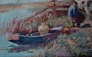 Piet Bouter - Boer melkt koeien aan 't water -Haagsche School - Leuk Tafereel -Antieke lijst kopen? Bied vanaf 299!