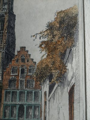 Marius Johannes Janssen - Ingelijste en ingekleurde ets , Onze Lieve Vrouwetoren Amersfoort – ca 1935 kopen? Bied vanaf 1!