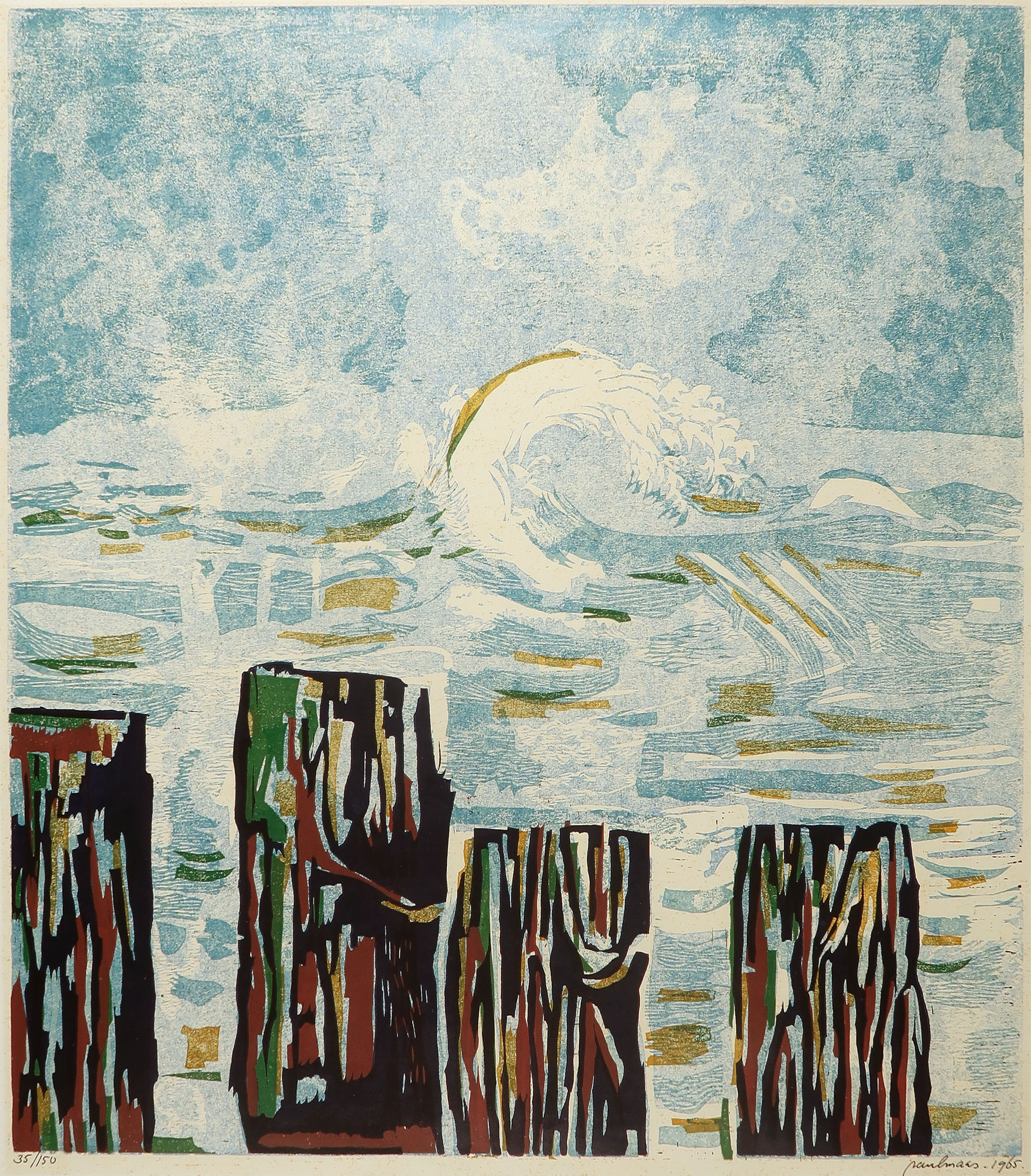 Paul Maas - Houtsnede, Golven verkocht voor € 35!