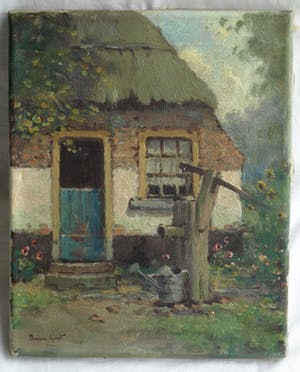 Arnout van Gilst - Olieverf op doek, boerderij met waterpomp – gesigneerd – ca 1945 kopen? Bied vanaf 35!