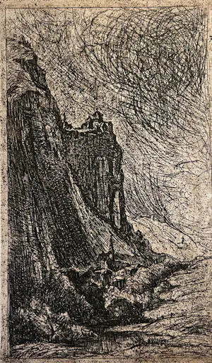 Theo Goedvriend - Rotsen, gebouwen en een bootje - zes etsen kopen? Bied vanaf 75!