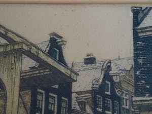 Cornelis Brandenburg - Ets, Groenburgwal Amsterdam in de winter – in originele lijst - groot kopen? Bied vanaf 100!