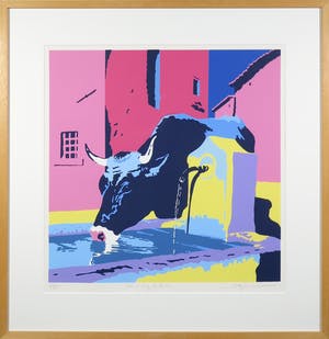 Marco Kooiman - Zeefdruk, Cow drinking at fountain - Ingelijst kopen? Bied vanaf 50!