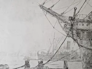 Antoon Derkzen van Angeren - Fraaie ets - Kade met boegspriet en stoomboot - potloodgesigneerd kopen? Bied vanaf 31!