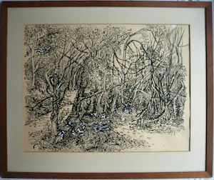 Jan Meijer - Ingelijste inkttekening , In het bos bij ?? Frankrijk - 1951 kopen? Bied vanaf 100!